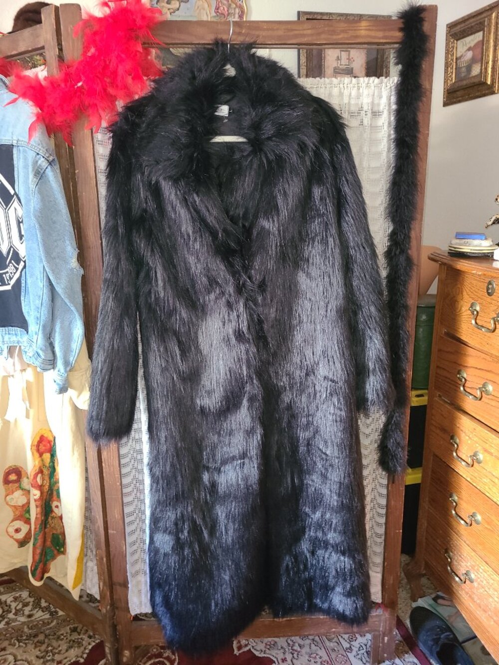 Old DIrd Black Faux Fur Long Coat With Collar Women's Winter Outerwear Large - Picture 3 of 7